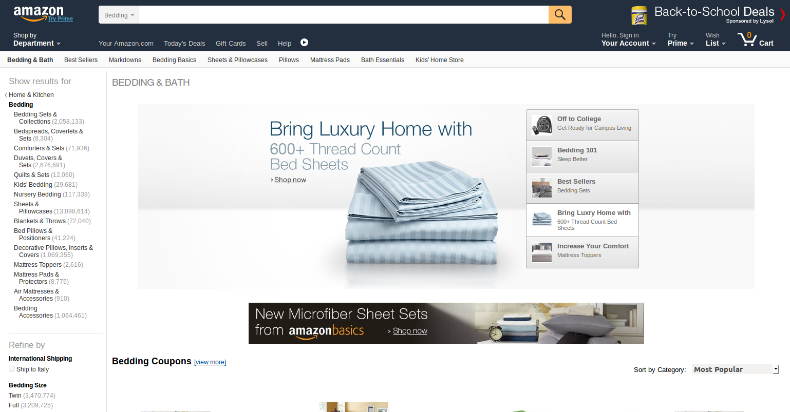 Una schermata del sito Amazon.com contenente nella sezione destra un tipo di breadcrumbs evolute